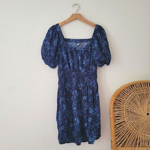 Old Navy Short Sleeve Smocked Waist Mini Dress Blue Floral Medium - Picture 1 of 6